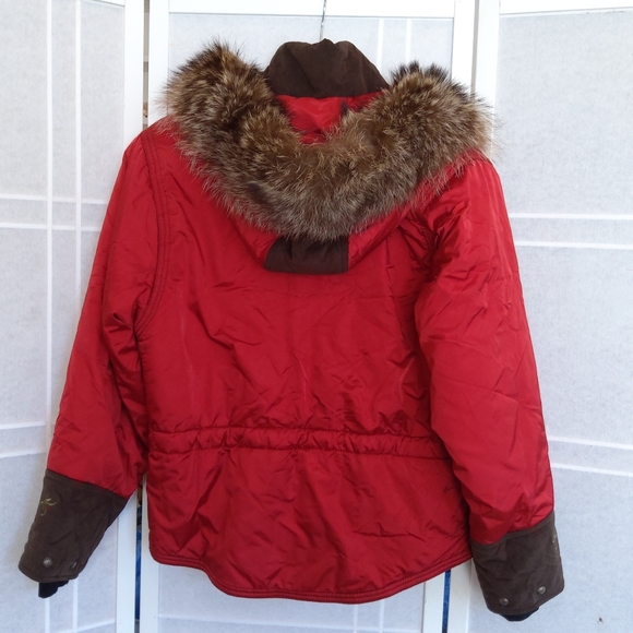 M.Miller red embroidered military ski snow jacket hooded with fur - Picture 3 of 10